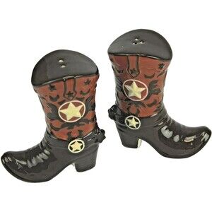 Rivers Edge Cowboy Boots Ceramic Salt Pepper Shakers Western Stars Kitchen Gift